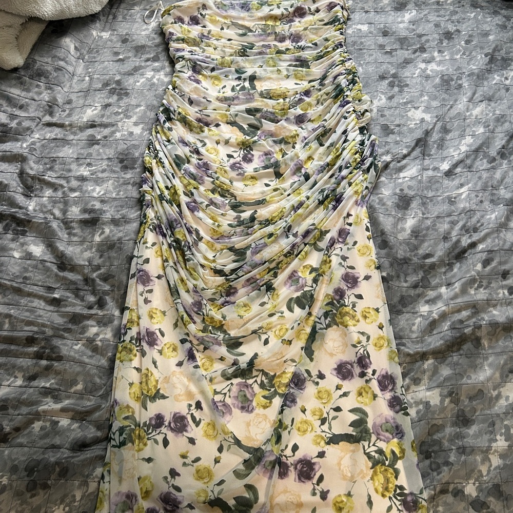 A&F Floral Ruched Strapless Dress in Yellow & Purple